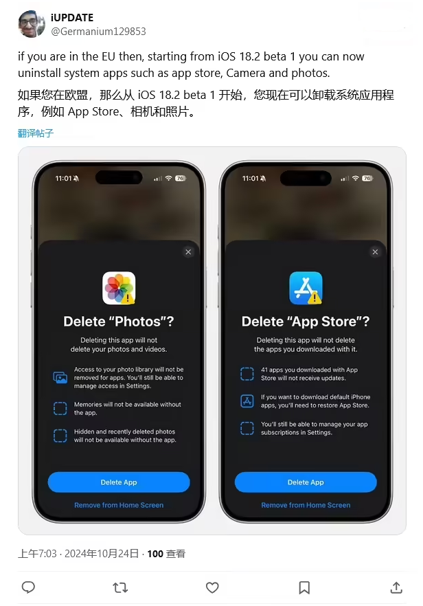 东辽苹果手机维修分享iOS 18.2 支持删除 App Store 应用商店 