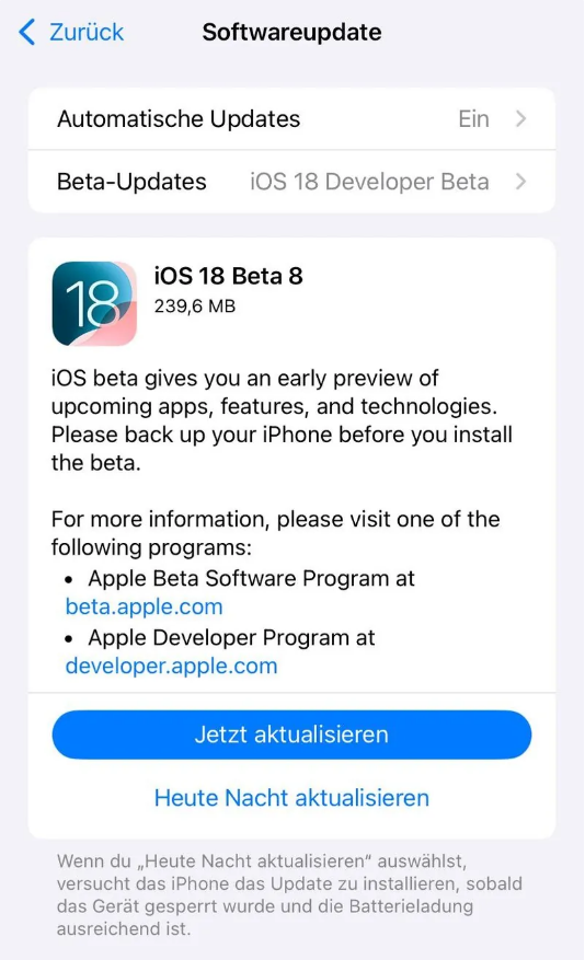 东辽苹果手机维修分享苹果 iOS / iPadOS 18 开发者预览版 Beta 8 发布 